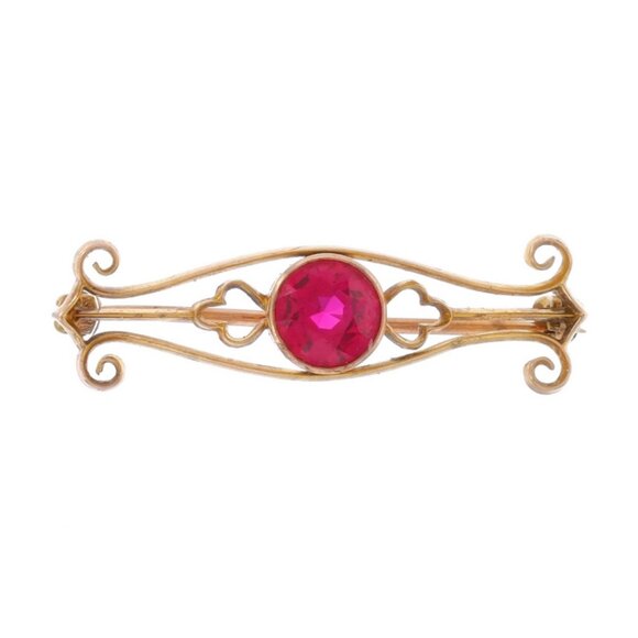Yellow Gold Lab-Created Ruby Edwardian Solitaire Brooch - 10k Antique Scroll Pin - Picture 1 of 4